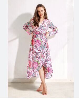 Debbie Katz inez Zara pink floral midi wrap sheer summer resort dress XS